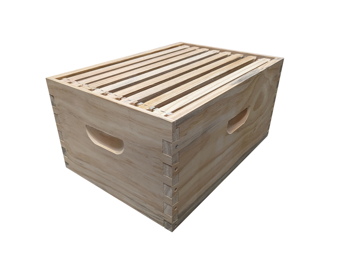 ASSEMBLED 10 Frame Size DEEP Box and 10 Assembled Frames With Black Plastic Foundation