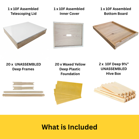 Unassembled Double Level Beehive - 10 Frame Kit With 2x Boxes, Bottom Board, Telescopic Outer Cover, Unassembled Frames and Foundation